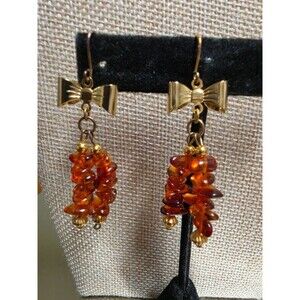 Vintage Natural Baltic Amber Chip Dangle Earrings Gold Tone Bow UV Reactive